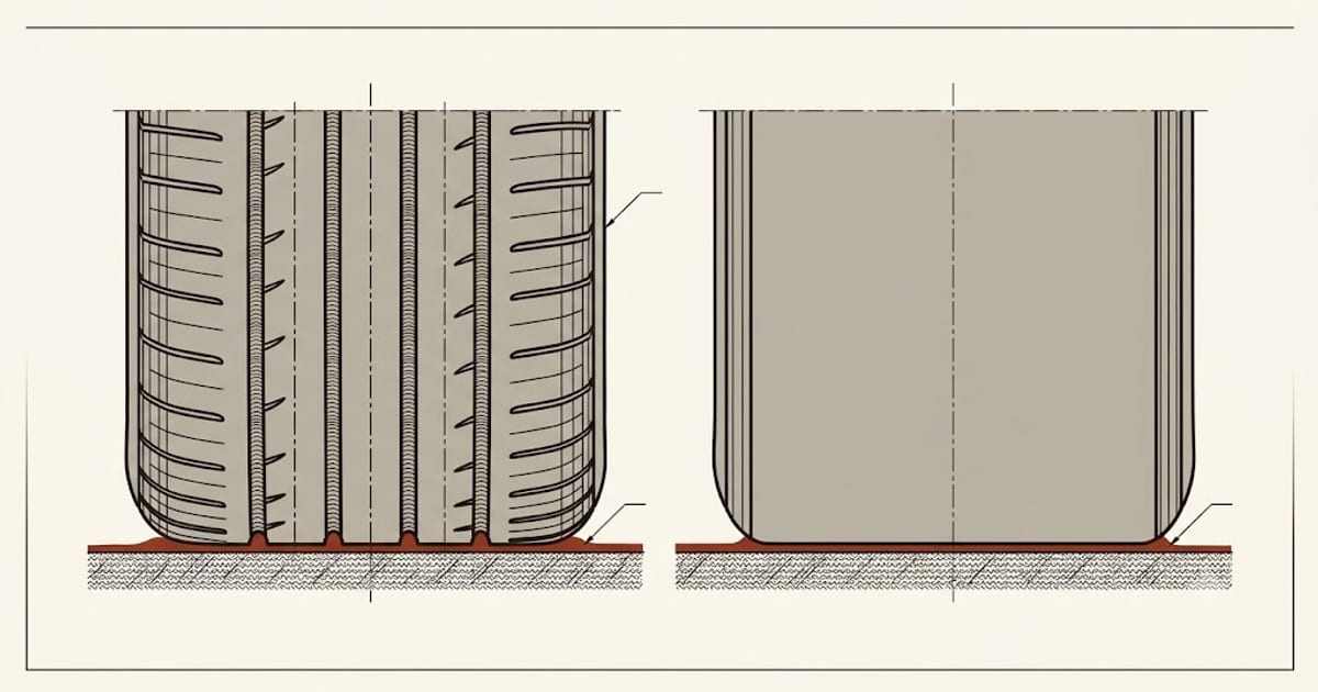A siped winter tread block against a plain all-season block