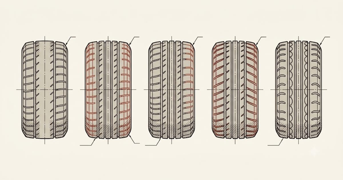 Five tread wear patterns across the face of a tire