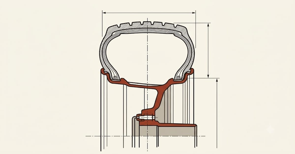 Half section through a tire and wheel showing where each sidewall number is measured